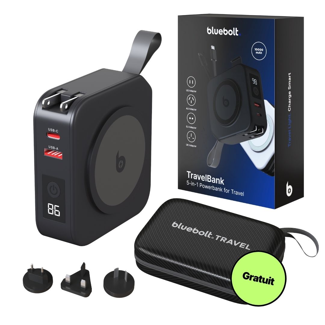 Chargeur Mural TravelBank 5-en-1 avec Station de Charge Sans Fil et Batterie Externe