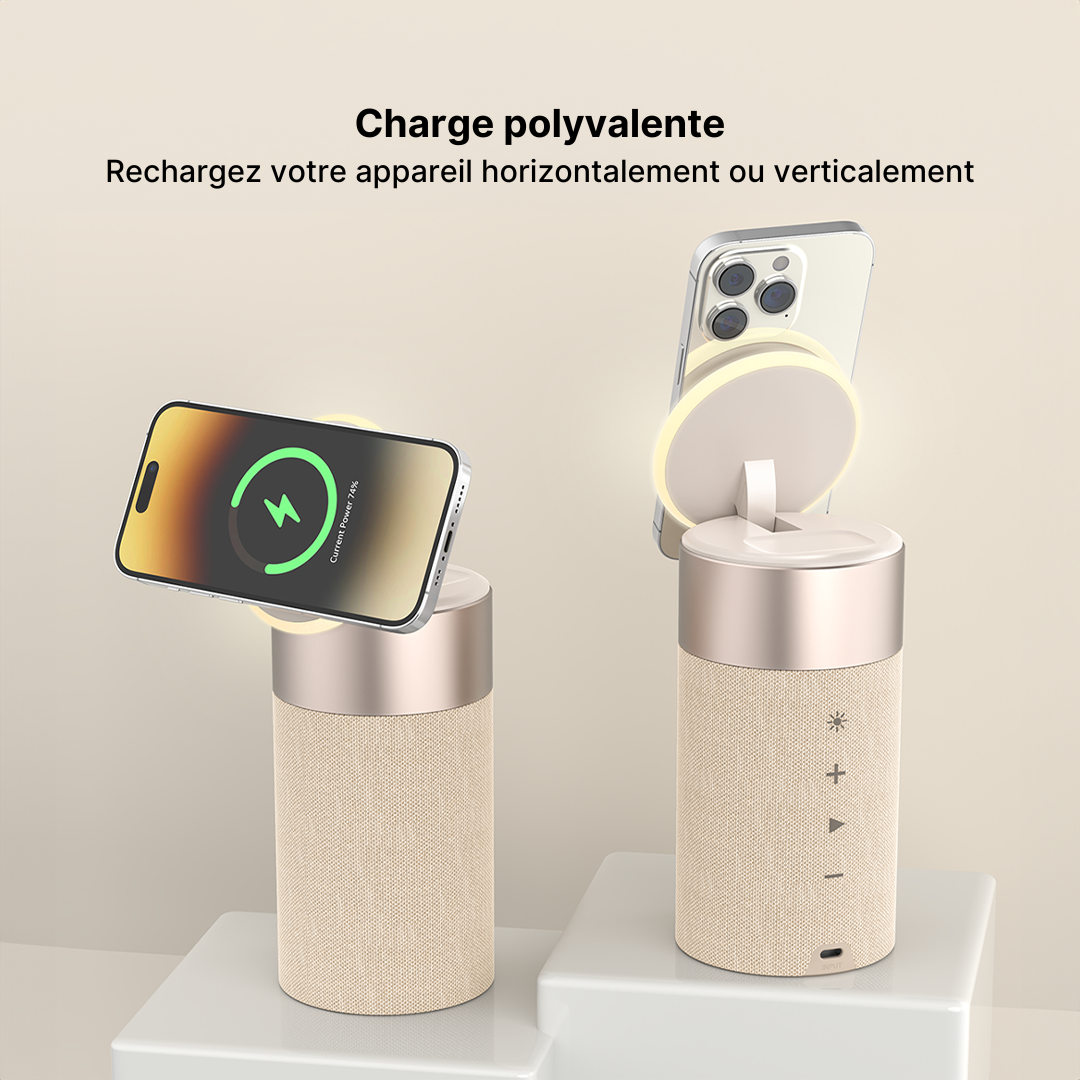 Hub de Charge Sans Fil 3-en-1, Enceinte Bluetooth et Veilleuse