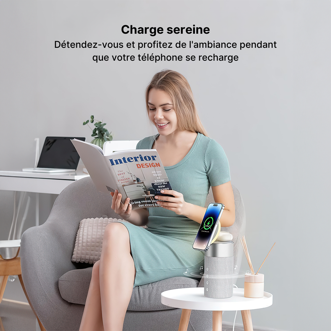 Hub de Charge Sans Fil 3-en-1, Enceinte Bluetooth et Veilleuse