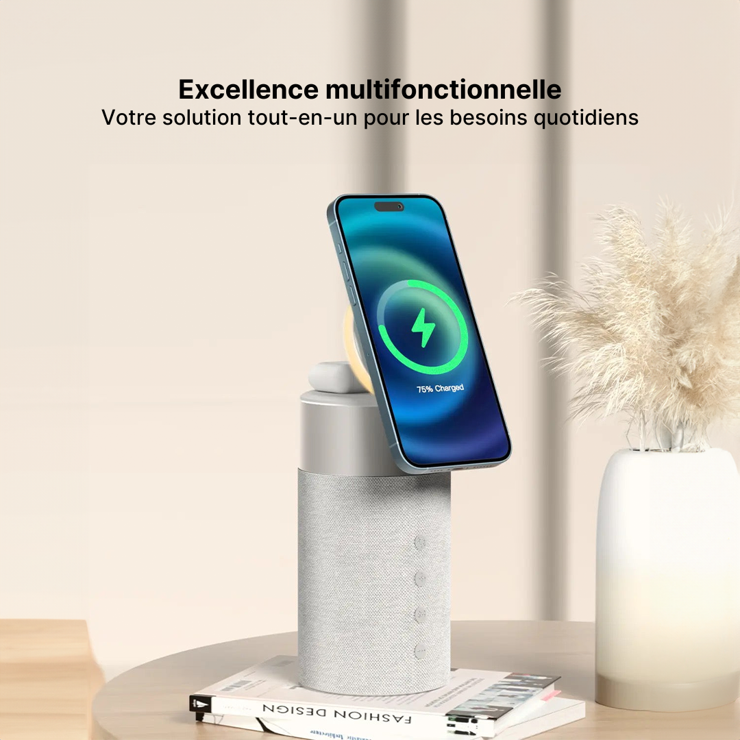 Hub de Charge Sans Fil 3-en-1, Enceinte Bluetooth et Veilleuse