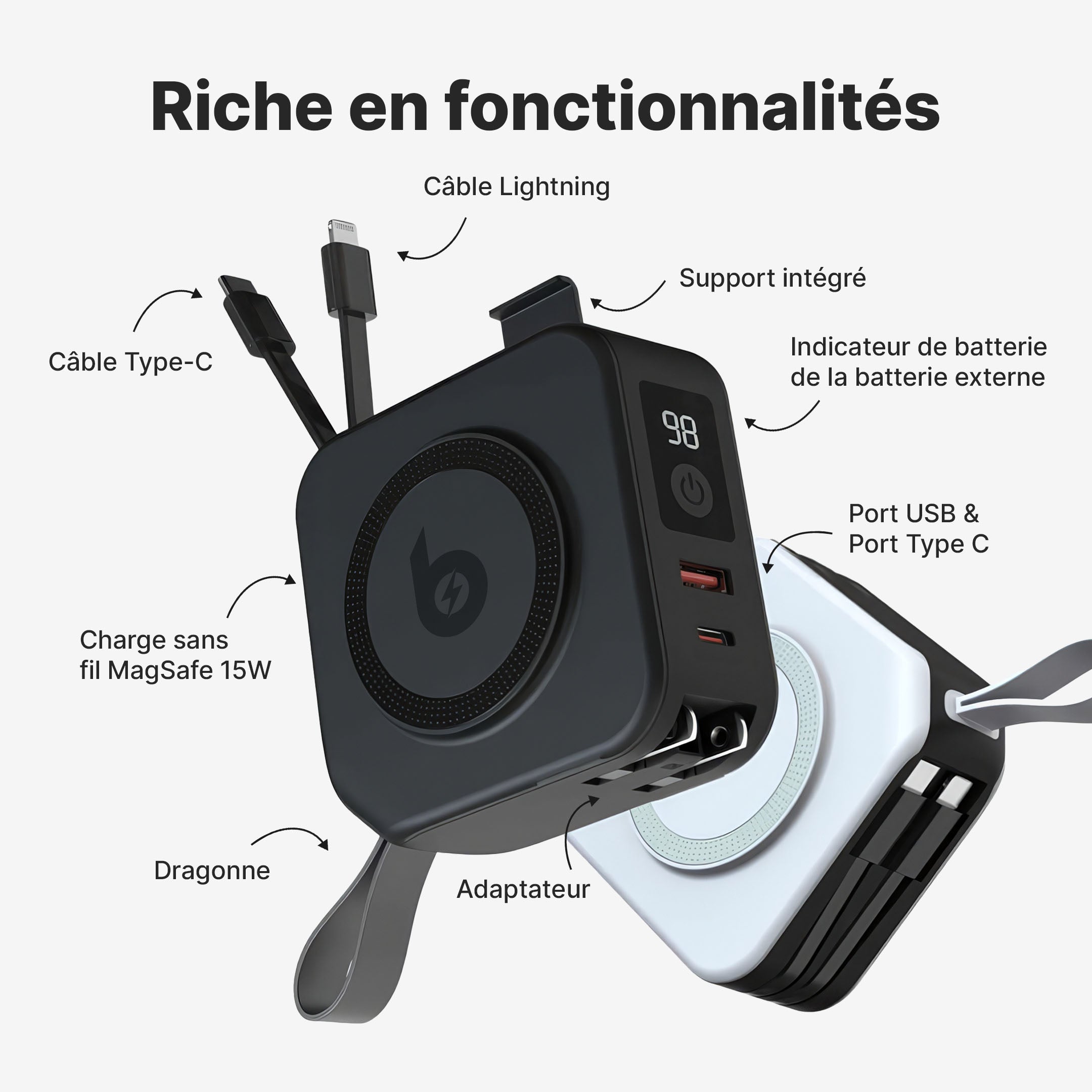 Chargeur Mural TravelBank 5-en-1 avec Station de Charge Sans Fil et Batterie Externe
