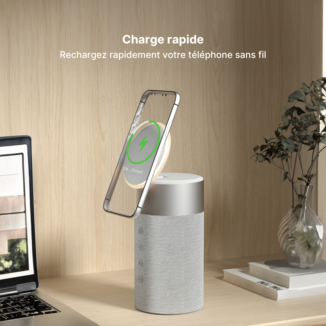 Hub de Charge Sans Fil 3-en-1, Enceinte Bluetooth et Veilleuse