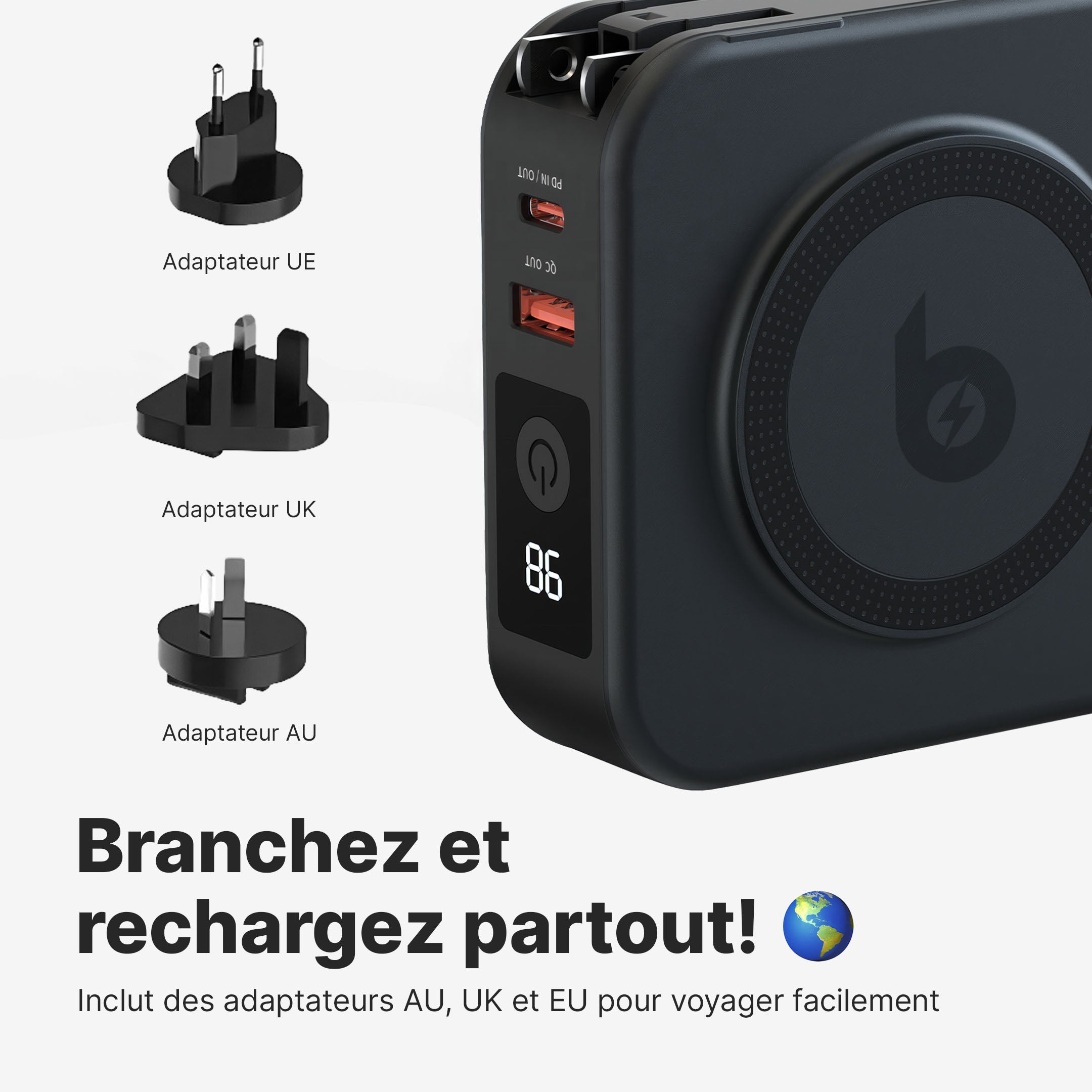 Chargeur Mural TravelBank 5-en-1 avec Station de Charge Sans Fil et Batterie Externe