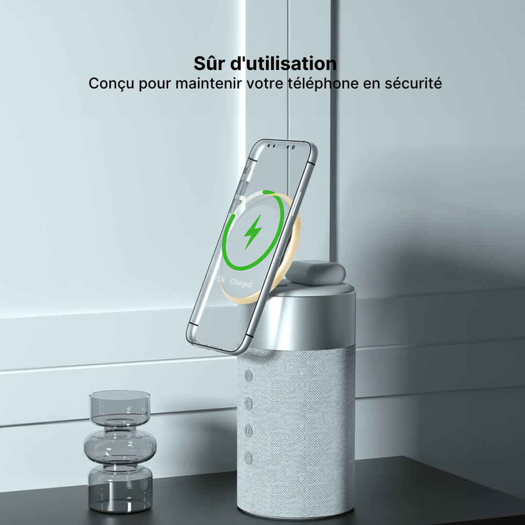 Hub de Charge Sans Fil 3-en-1, Enceinte Bluetooth et Veilleuse