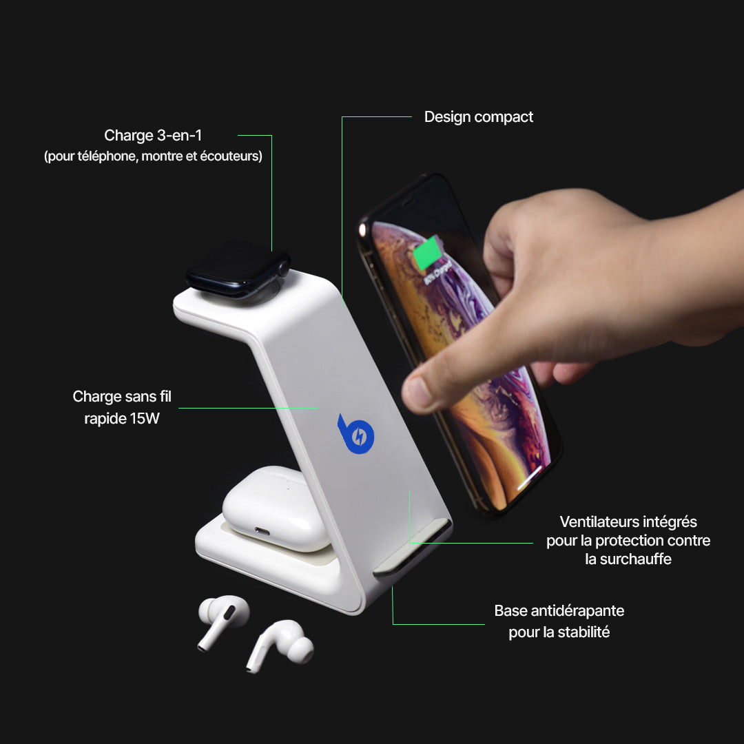 Station de Charge Sans Fil 3 en 1, Apple, Samsung, Watch, AirPods