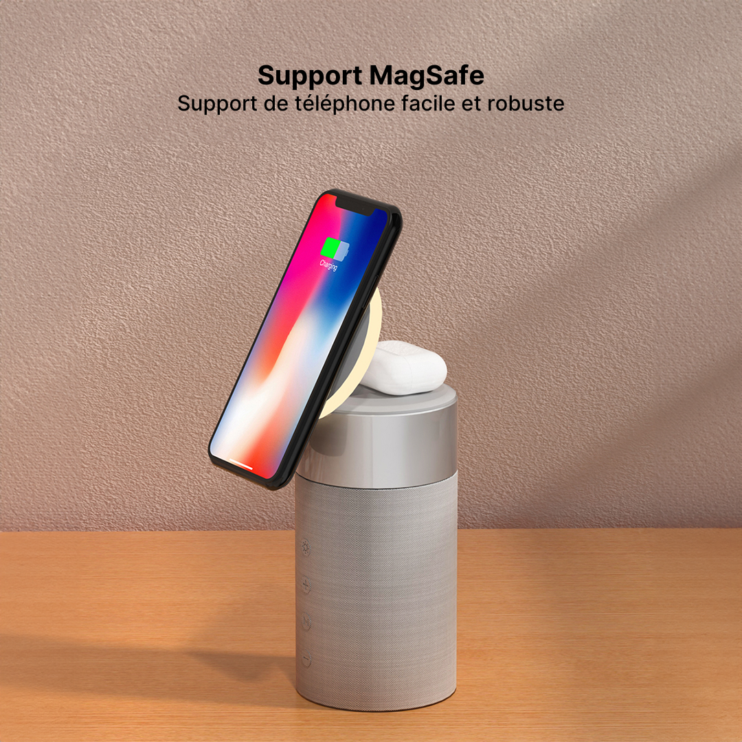 Hub de Charge Sans Fil 3-en-1, Enceinte Bluetooth et Veilleuse