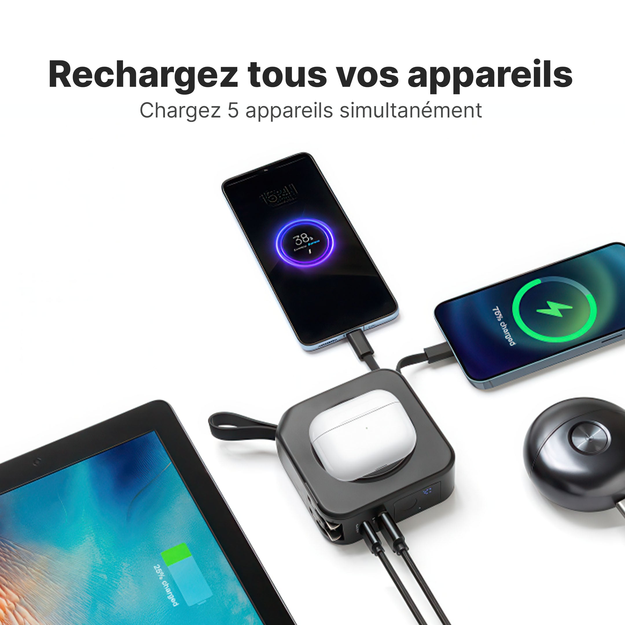 Chargeur Mural TravelBank 5-en-1 avec Station de Charge Sans Fil et Batterie Externe