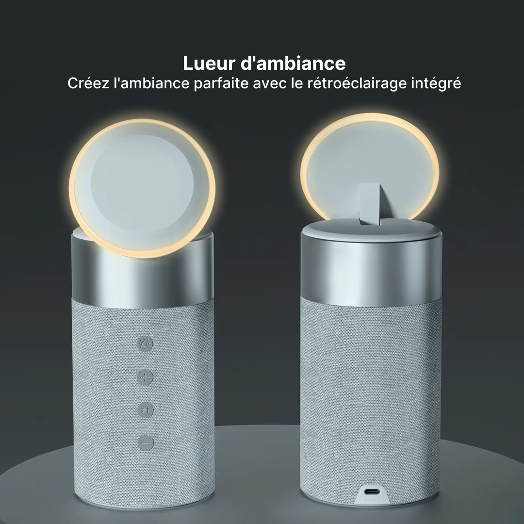 Hub de Charge Sans Fil 3-en-1, Enceinte Bluetooth et Veilleuse