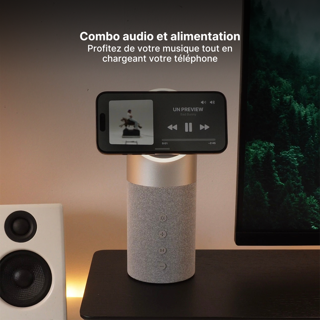Hub de Charge Sans Fil 3-en-1, Enceinte Bluetooth et Veilleuse