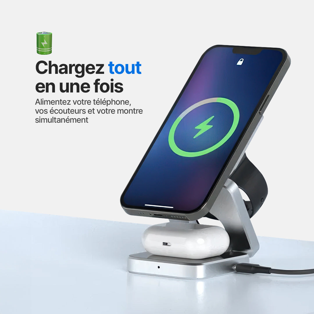 Station de Charge Sans Fil Pliable ChargeDeck 3-en-1 - Pour Apple & Android