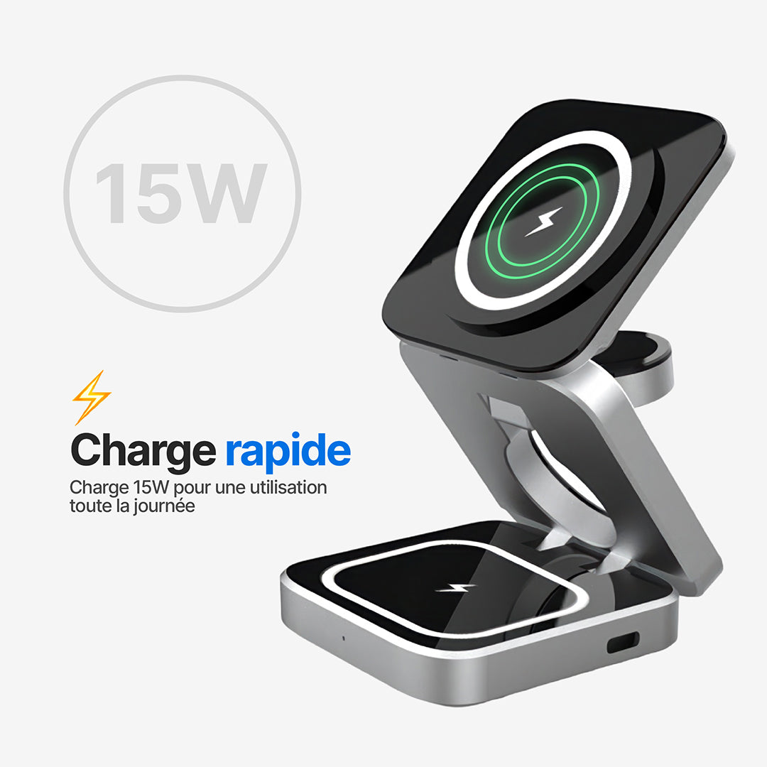 Station de Charge Sans Fil Pliable ChargeDeck 3-en-1 - Pour Apple & Android