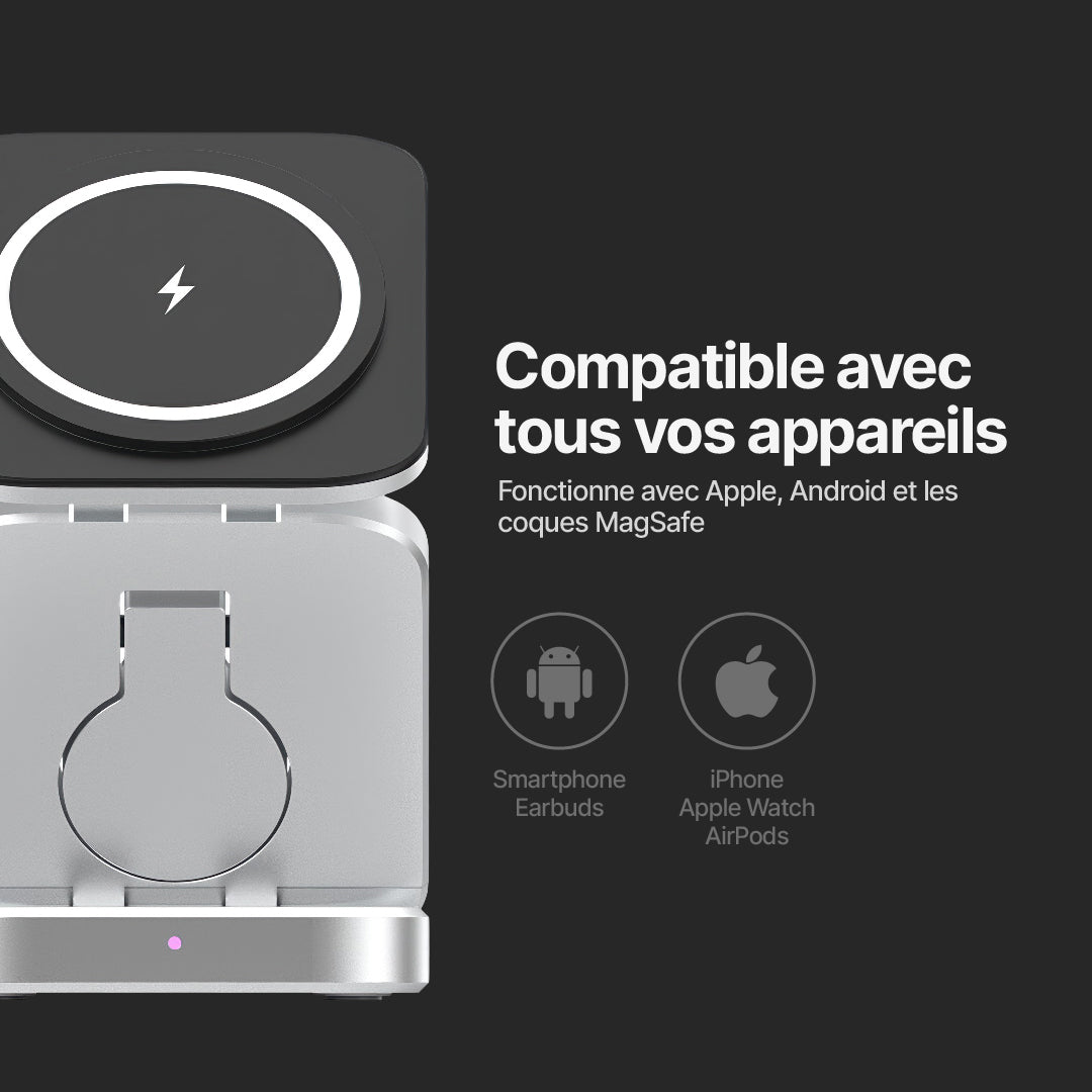 Station de Charge Sans Fil Pliable ChargeDeck 3-en-1 - Pour Apple & Android