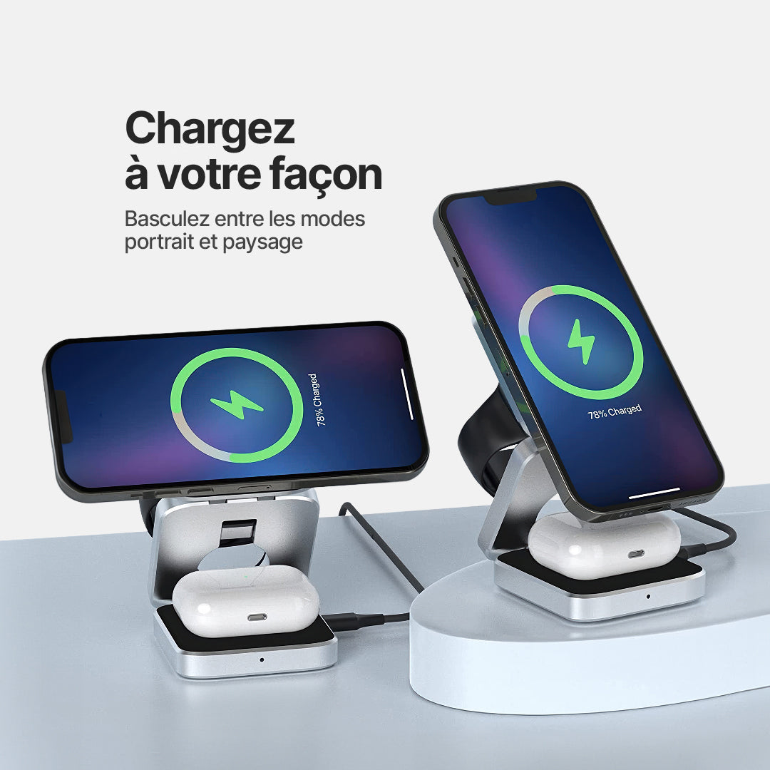 Station de Charge Sans Fil Pliable ChargeDeck 3-en-1 - Pour Apple & Android