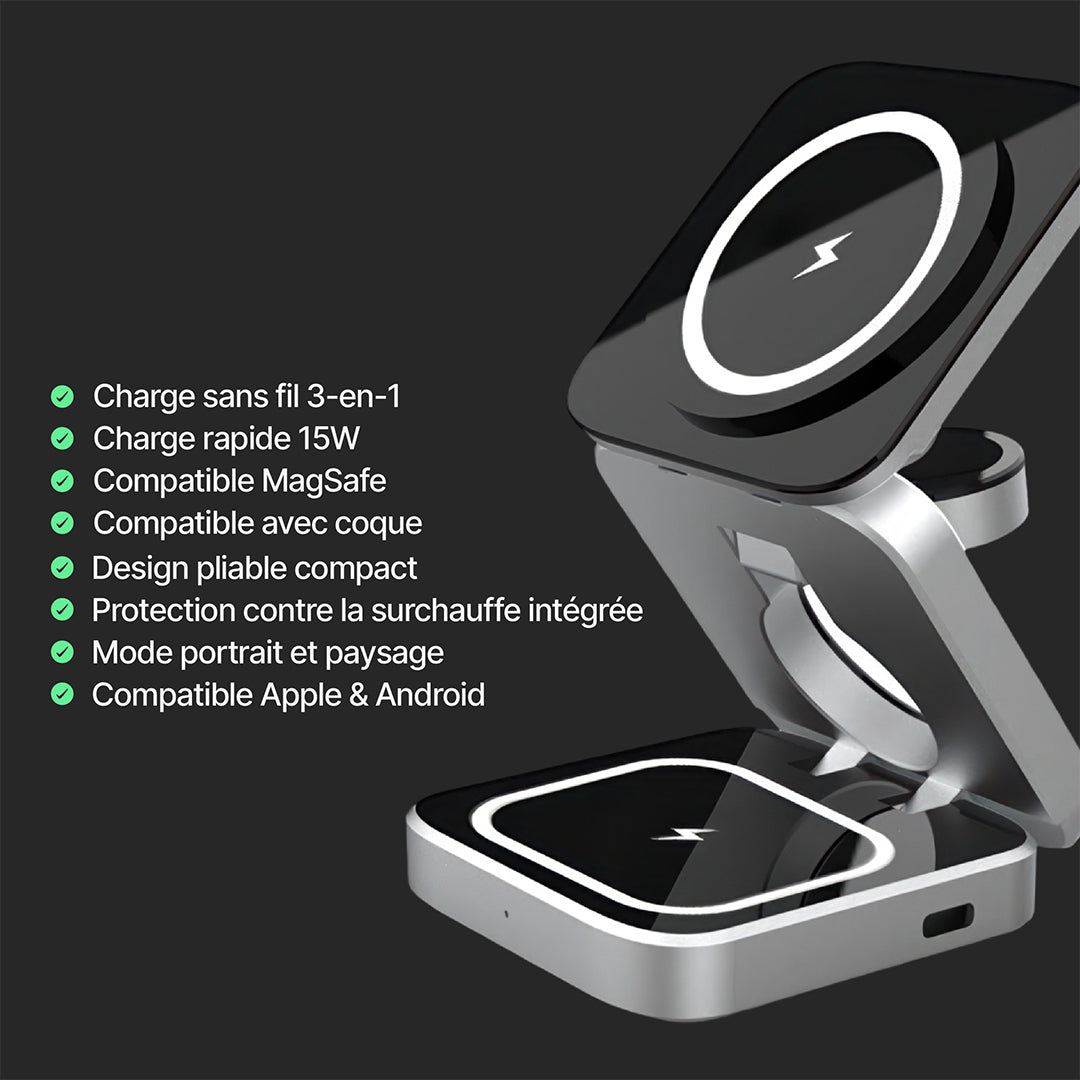 Station de Charge Sans Fil Pliable ChargeDeck 3-en-1 - Pour Apple & Android