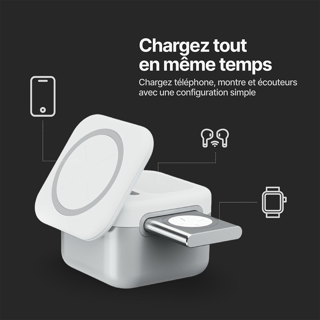 Station de Charge Sans Fil Magnétique CubeMag 3-en-1 pour Apple et Android