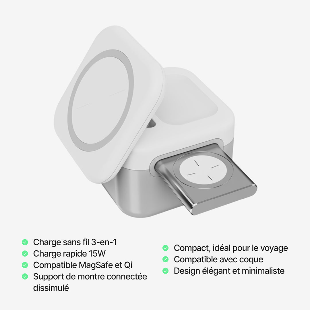 Station de Charge Sans Fil Magnétique CubeMag 3-en-1 pour Apple et Android