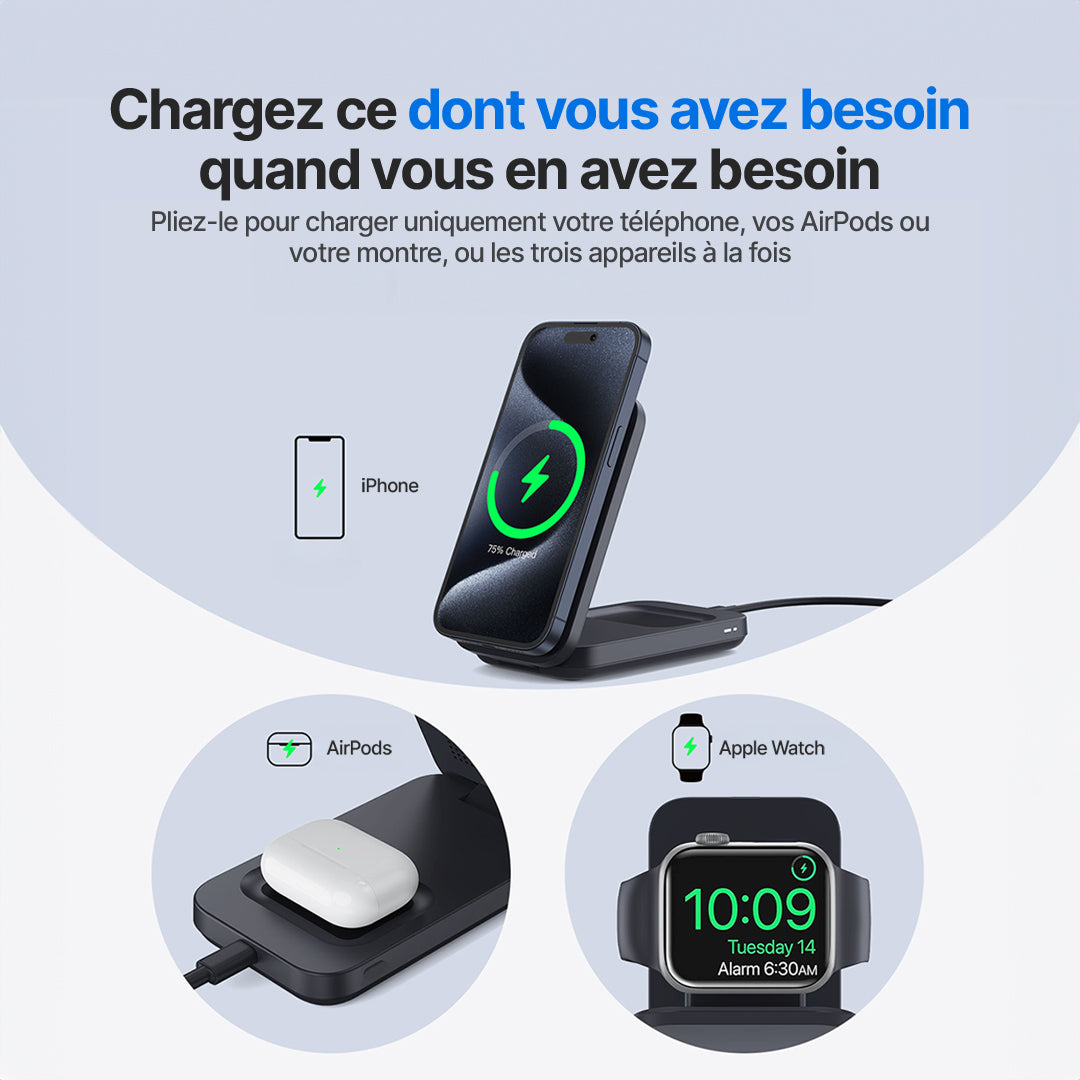 Station de Charge Sans Fil MagFlo 3 en 1 Qi2