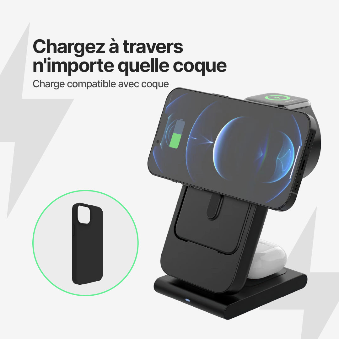 Chargeur Sans Fil Magnétique PowerMag 3-en-1 avec Support