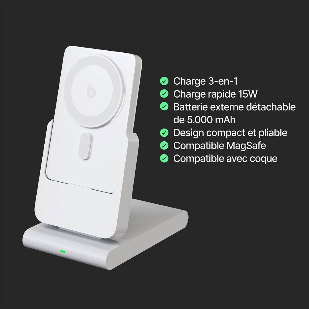 Chargeur Sans Fil Magnétique PowerMag 3-en-1 avec Support